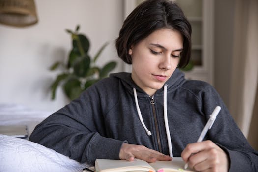 calm woman writing in a journal