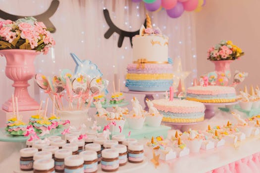 decorated birthday table with flowers and cake